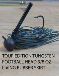 PURE POISON JIG COMPANY LLC TOUR EDITION TUNGSTEN FOOTBALL HEAD 3/8 OZ  3/0 HOOK,  HAND TIED FLAT LIVING RUBBER SKIRTS, SOLD 3 PER PACK