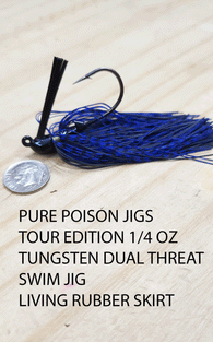 TOUR EDITION TUNGSTEN DUAL THREAT SWIM JIG  1/4 OZ HAND TIED LIVING RUBBER SKIRT 2 pack