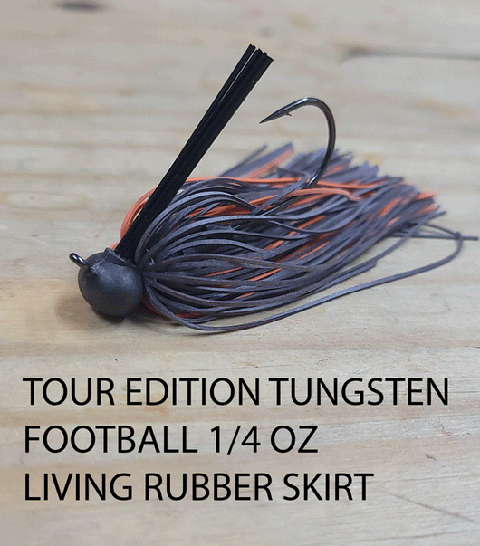 PURE POISON JIG COMPANY LLC TOUR EDITION TUNGSTEN FOOTBALL HEAD 1/4 OZ 3/0 HOOK  HAND TIED LIVING RUBBER SKIRT, SOLD 3 PER PACK 